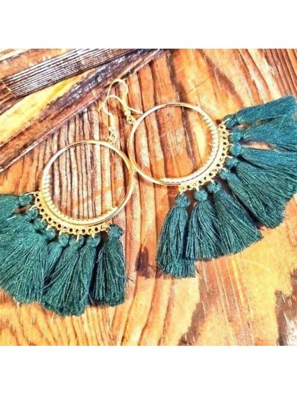 Dark Green Tassel Fringe Round Hoop Earrings Gold Tone